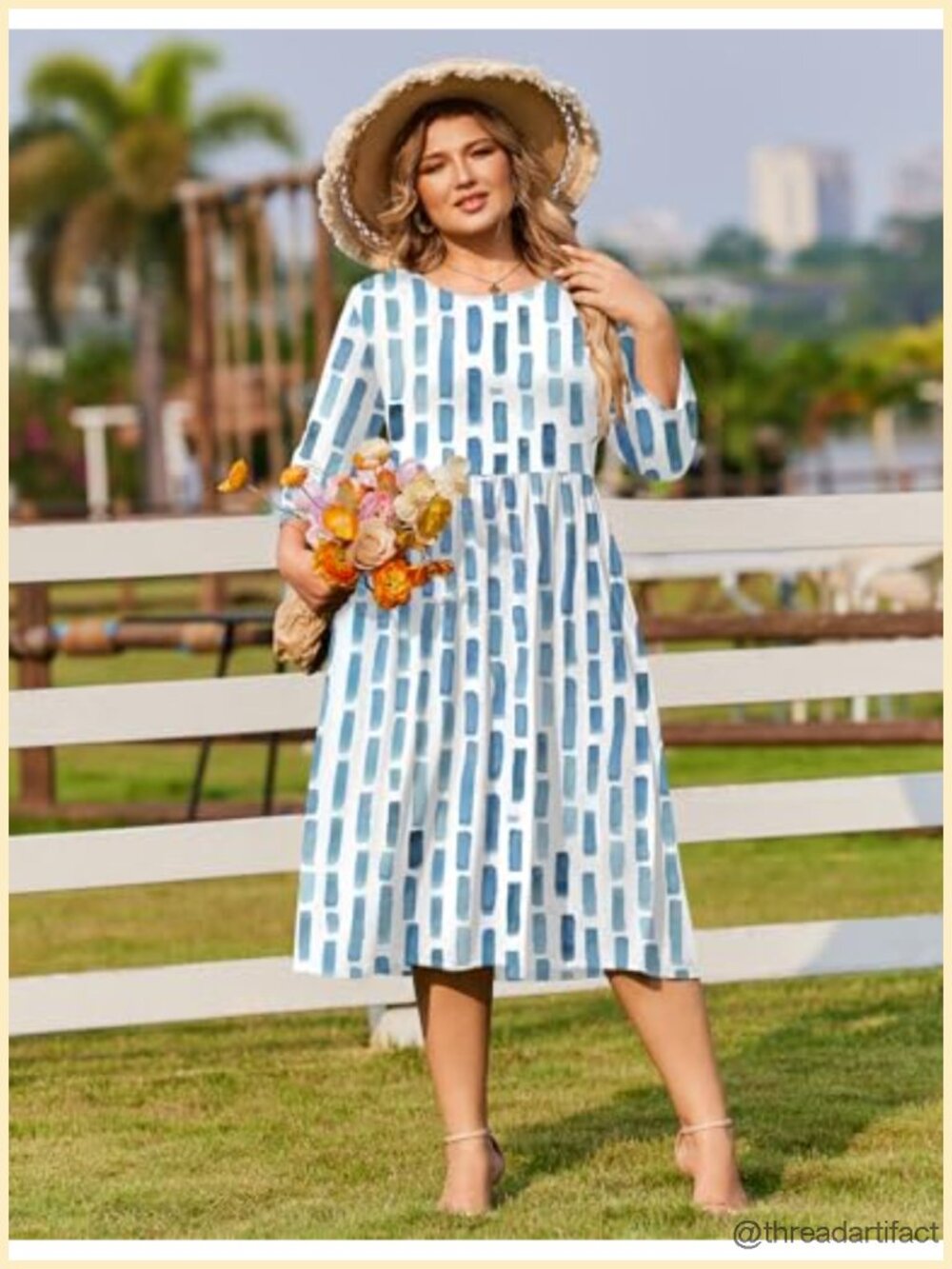 Plus Size 3/4 Sleeve A-Line Midi Dress with Pockets Casual Loose Flowy Boho - Picture 2 of 6